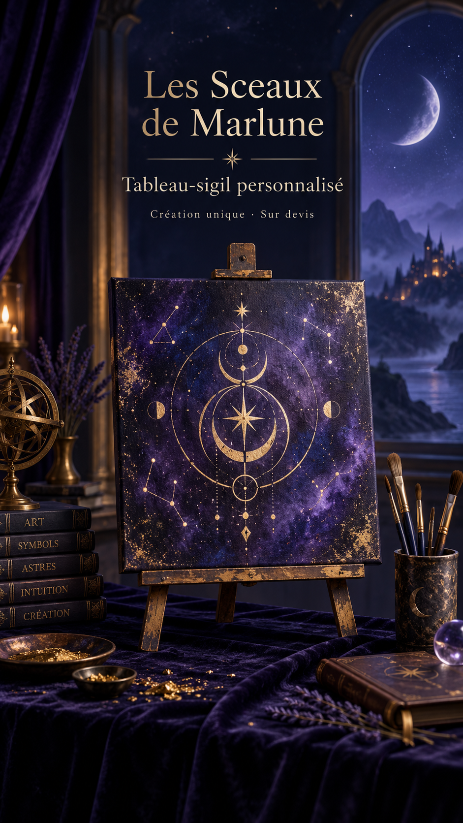 Les Sceaux de Marlune : tableau-sigil violet et doré sur un chevalet, création personnalisée sur devis